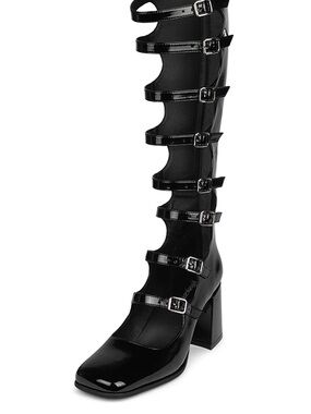 Monsieur Black Strappy Buckle Knee-High Block Heel Boots
